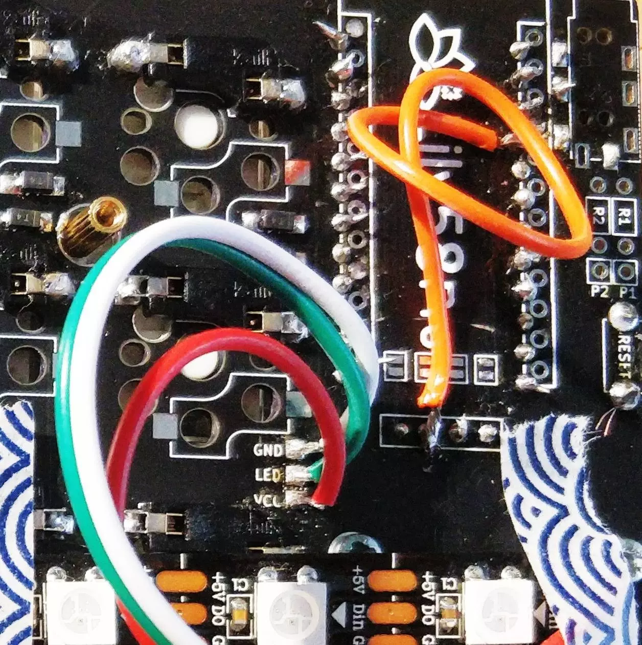 Picture of the area in the PCB where the LED strip wires are designed to be soldered