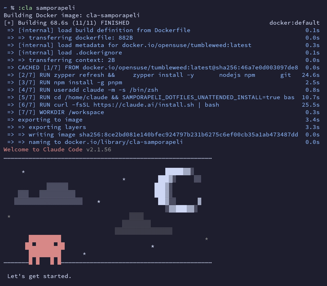 A screenshot of a terminal window displaying building and starting a container running Claude Code.